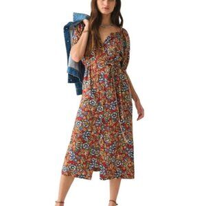 FAHERTY Carmel Linen Dress Relaxed Floral Button Front Midi